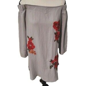 Ellie & Kate Mini Dress Size M Blue Floral Embroidery Rayon Off The Shoulders